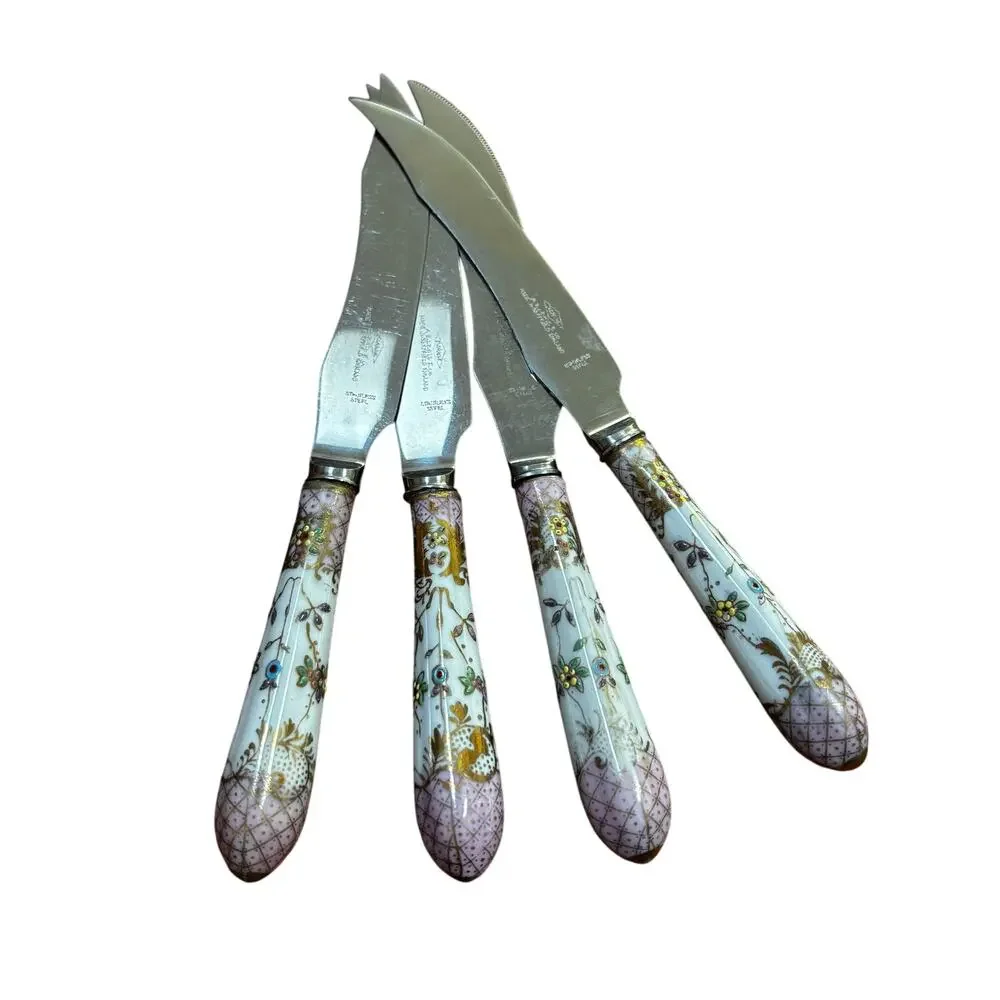 Vintage Hand Painted Pink Porcelain Handle Sheffield stainless steel knives (4)